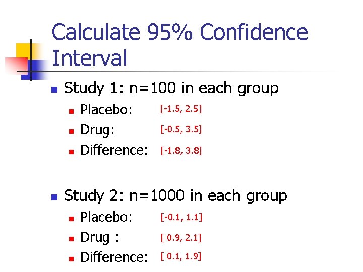 Calculate 95% Confidence Interval n Study 1: n=100 in each group n n Placebo: