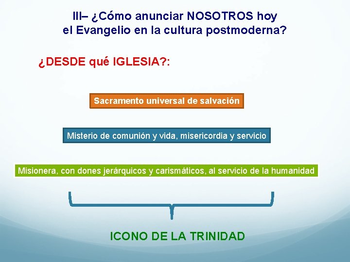 III– ¿Cómo anunciar NOSOTROS hoy el Evangelio en la cultura postmoderna? ¿DESDE qué IGLESIA?