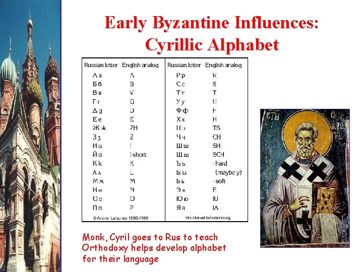 Early Byzantine Influences: Cyrillic Alphabet Monk, Cyril goes to Rus to teach Orthodoxy helps