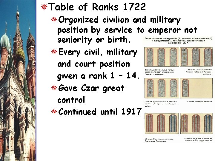 Table of Ranks 1722 Organized civilian and military position by service to emperor