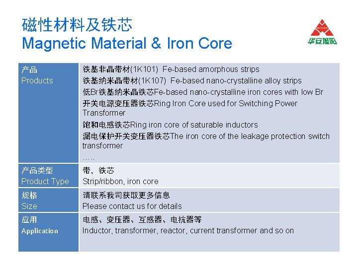 磁性材料及铁芯 Magnetic Material & Iron Core 产品 Products 铁基非晶带材(1 K 101) Fe-based amorphous strips