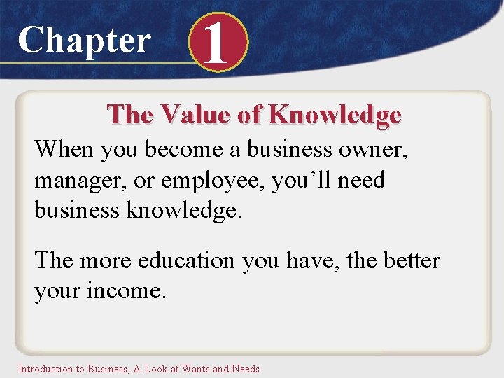 Chapter 1 The Value of Knowledge When you become a business owner, manager, or