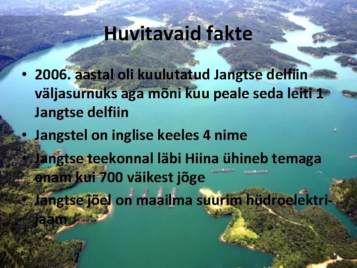 Huvitavaid fakte • 2006. aastal oli kuulutatud Jangtse delfiin väljasurnuks aga mõni kuu peale