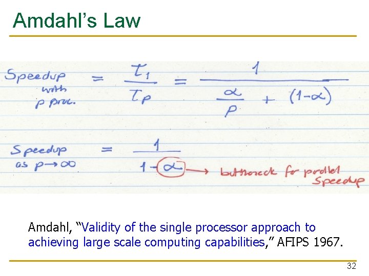 Amdahl’s Law Amdahl, “Validity of the single processor approach to achieving large scale computing