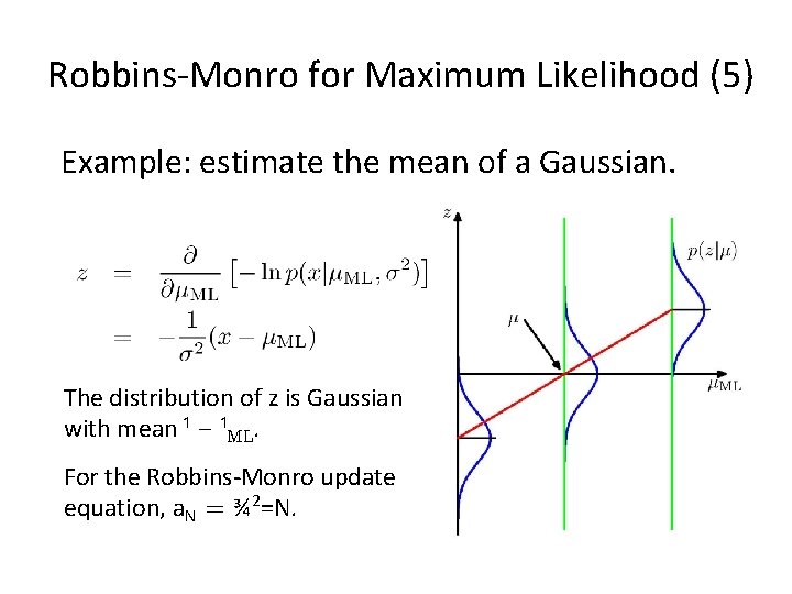 Robbins-Monro for Maximum Likelihood (5) Example: estimate the mean of a Gaussian. The distribution