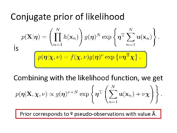 Conjugate prior of likelihood İs Combining with the likelihood function, we get Prior corresponds