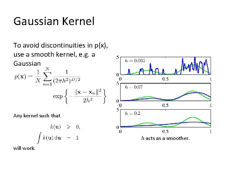 Gaussian Kernel To avoid discontinuities in p(x), use a smooth kernel, e. g. a