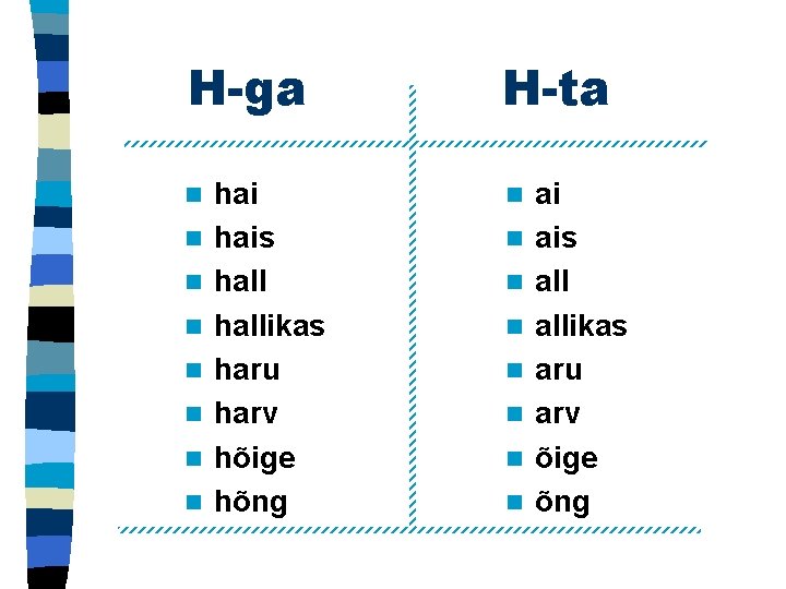 H-ga n n n n hais hallikas haru harv hõige hõng H-ta n n