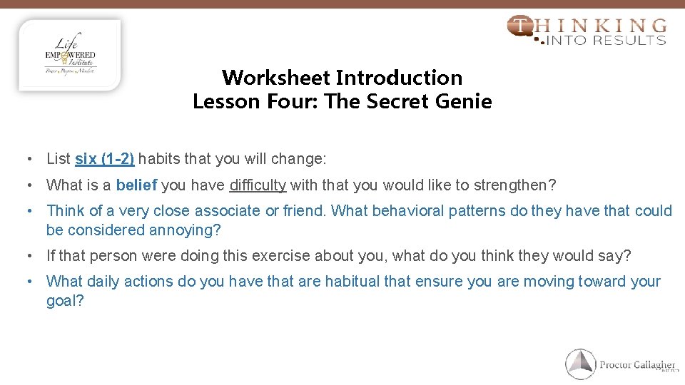 Worksheet Introduction Lesson Four: The Secret Genie • List six (1 -2) habits that