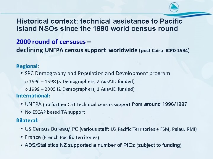 Historical context: technical assistance to Pacific island NSOs since the 1990 world census round