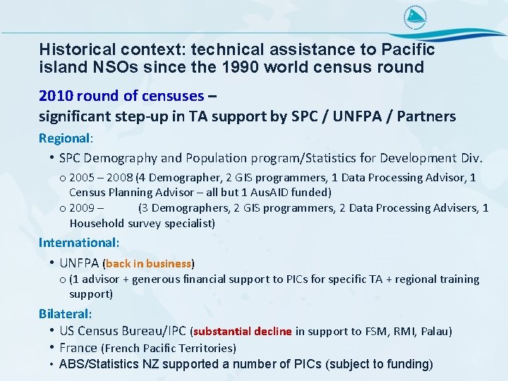 Historical context: technical assistance to Pacific island NSOs since the 1990 world census round