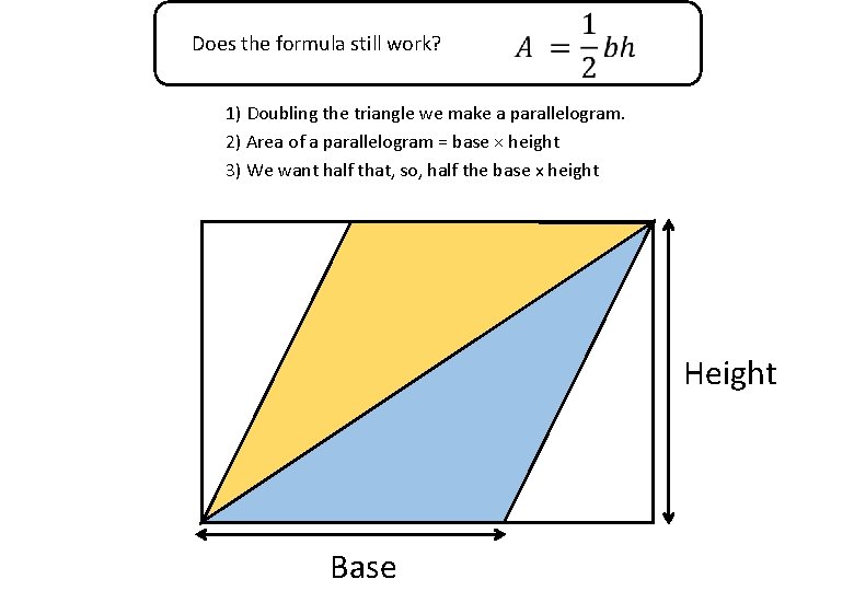 Does the formula still work? 1) Doubling the triangle we make a parallelogram. 2)