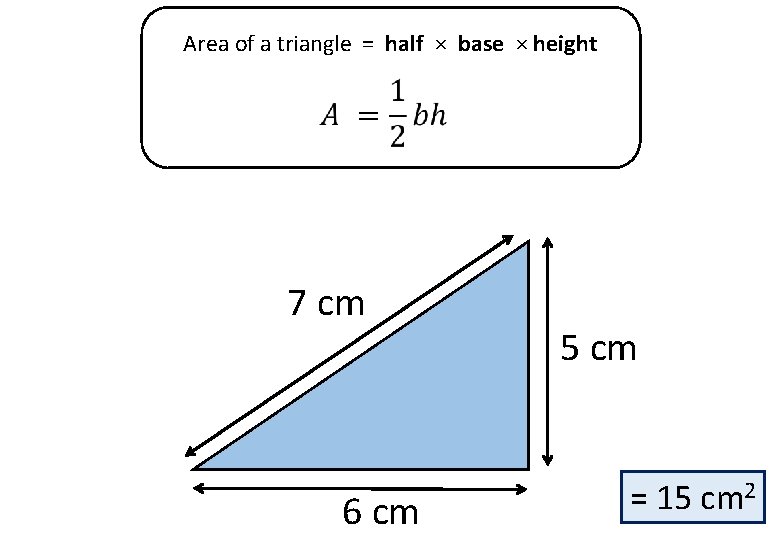 Area of a triangle = half × base × height 7 cm 6 cm