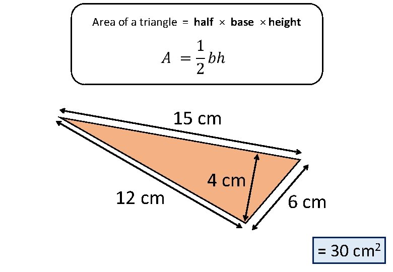 Area of a triangle = half × base × height 15 cm 12 cm