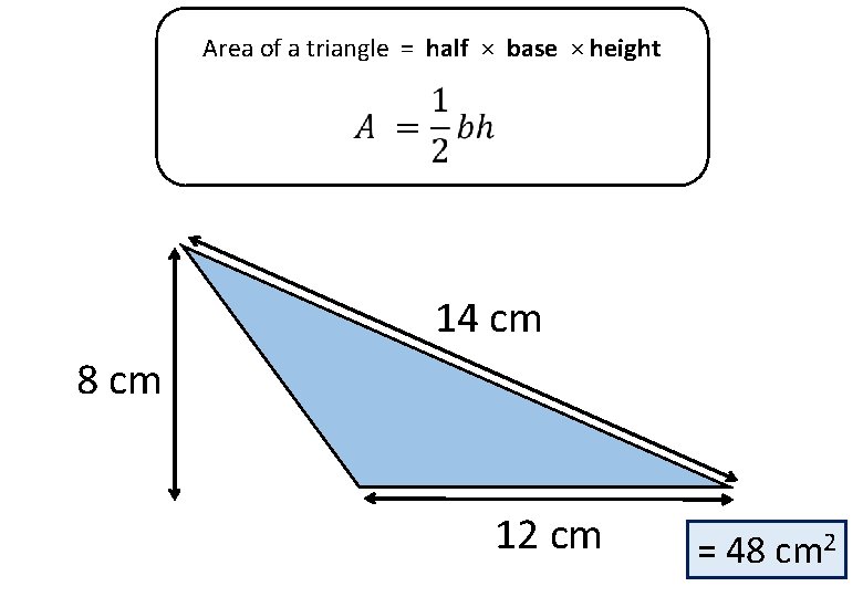 Area of a triangle = half × base × height 14 cm 8 cm