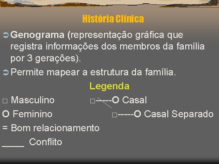 História Clínica Ü Genograma (representação gráfica que registra informações dos membros da família por