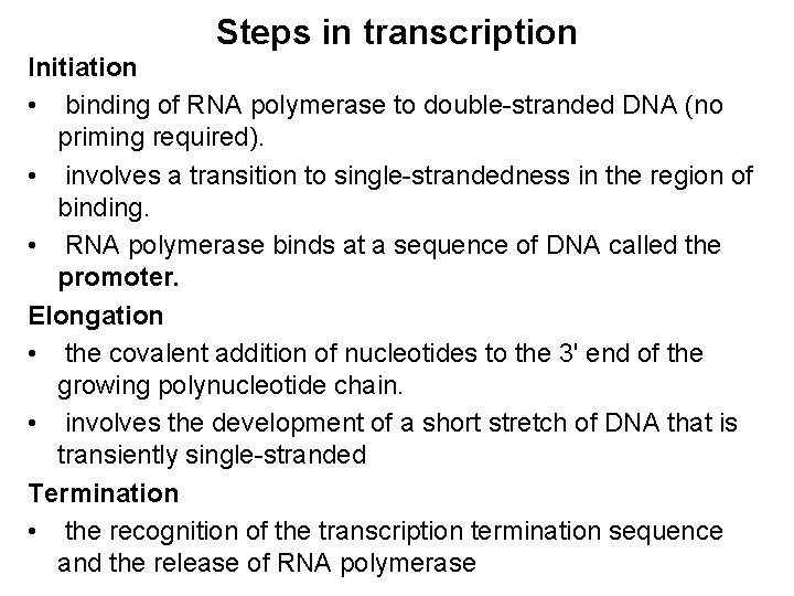 Steps in transcription Initiation • binding of RNA polymerase to double-stranded DNA (no priming
