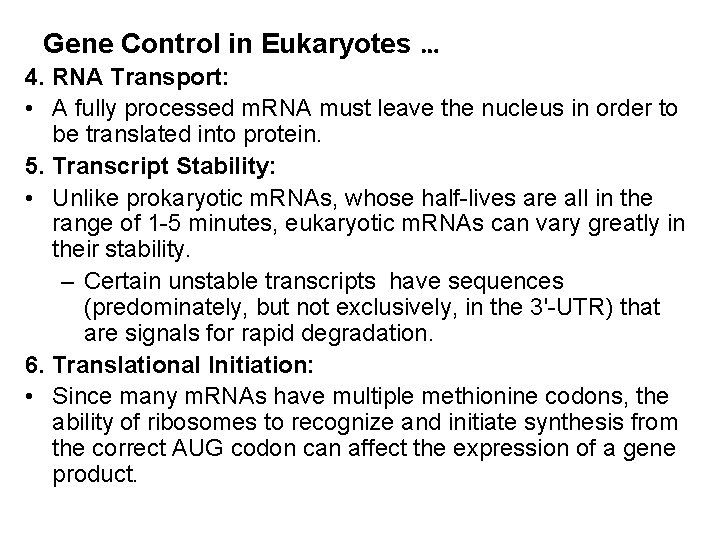 Gene Control in Eukaryotes … 4. RNA Transport: • A fully processed m. RNA
