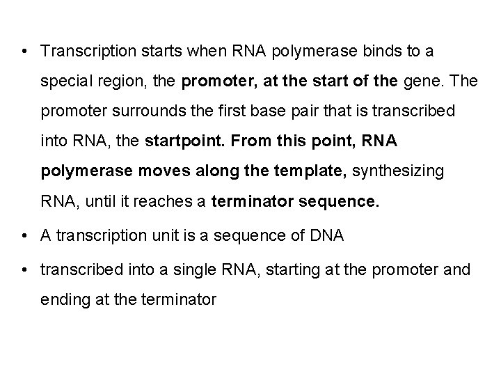  • Transcription starts when RNA polymerase binds to a special region, the promoter,