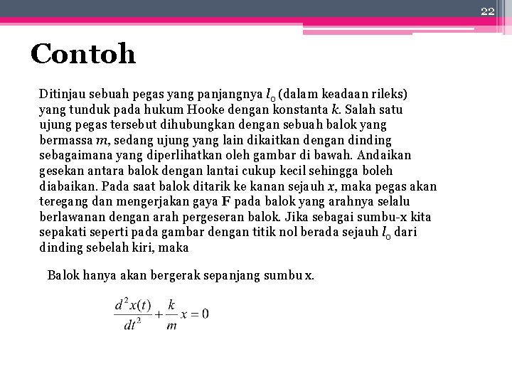 22 Contoh Ditinjau sebuah pegas yang panjangnya l 0 (dalam keadaan rileks) yang tunduk