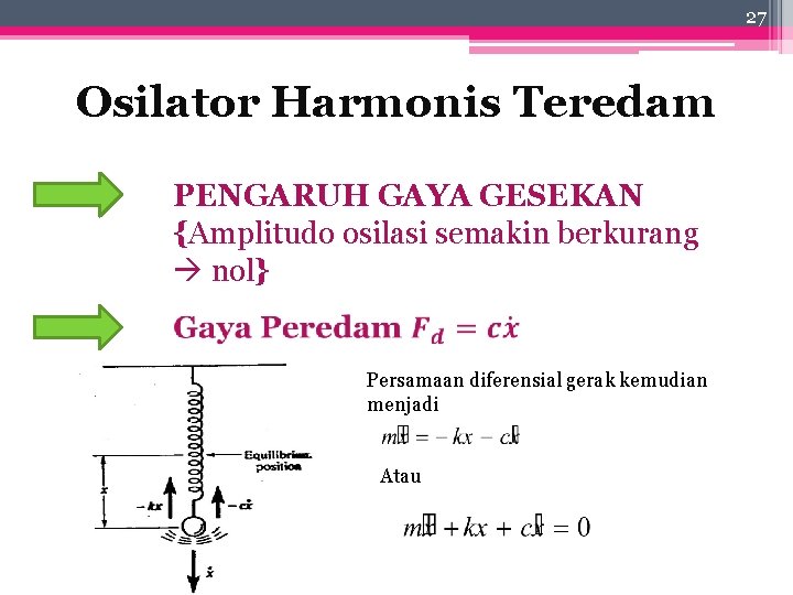 27 Osilator Harmonis Teredam PENGARUH GAYA GESEKAN {Amplitudo osilasi semakin berkurang nol} Persamaan diferensial