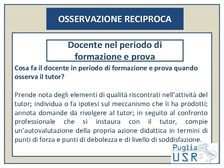 OSSERVAZIONE RECIPROCA Docente nel periodo di formazione e prova Cosa fa il docente in