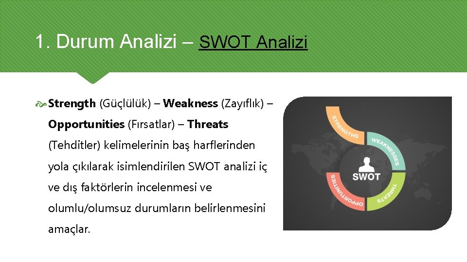 1. Durum Analizi – SWOT Analizi Strength (Güçlülük) – Weakness (Zayıflık) – Opportunities (Fırsatlar)