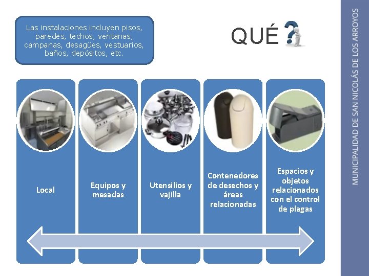 Las instalaciones incluyen pisos, paredes, techos, ventanas, campanas, desagües, vestuarios, baños, depósitos, etc. Local