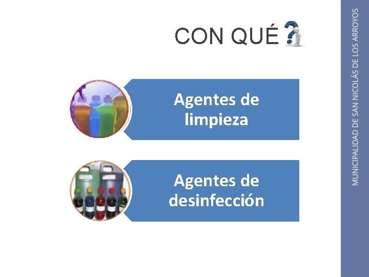 CON QUÉ Agentes de limpieza Agentes de desinfección 