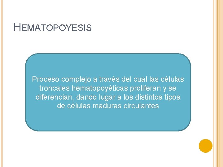 HEMATOPOYESIS Proceso complejo a través del cual las células troncales hematopoyéticas proliferan y se
