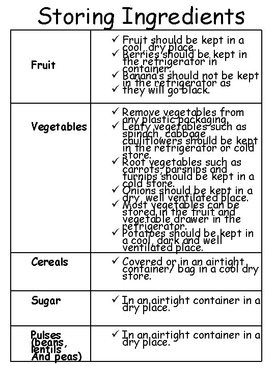 Storing Ingredients Fruit Vegetables Cereals ü Fruit should be kept in a cool, dry
