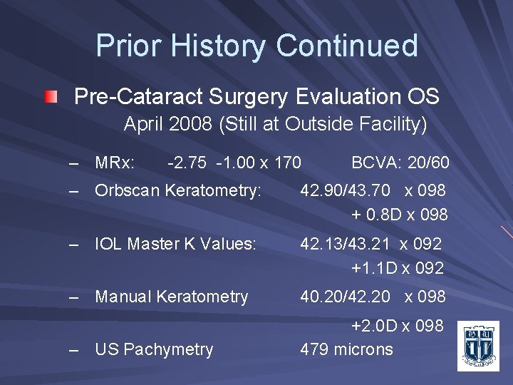 Prior History Continued Pre-Cataract Surgery Evaluation OS April 2008 (Still at Outside Facility) –