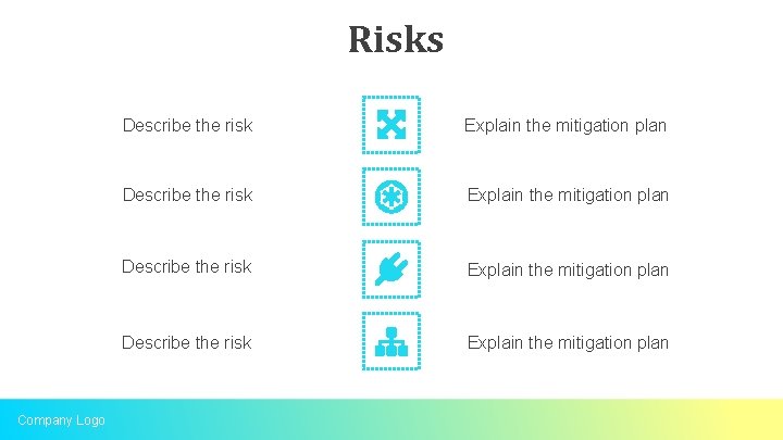 Risks Company Logo Describe the risk Explain the mitigation plan 