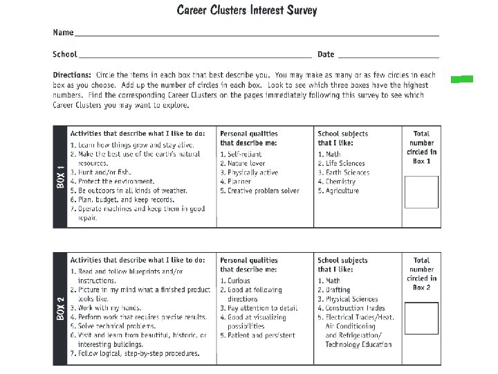 Screen shot of the first two boxes of the career clusters interest survey 