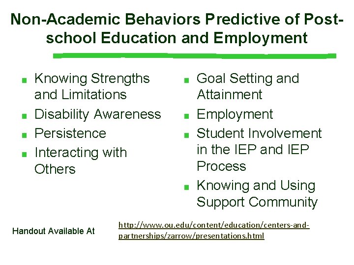 Non-Academic Behaviors Predictive of Postschool Education and Employment ■ ■ Knowing Strengths and Limitations