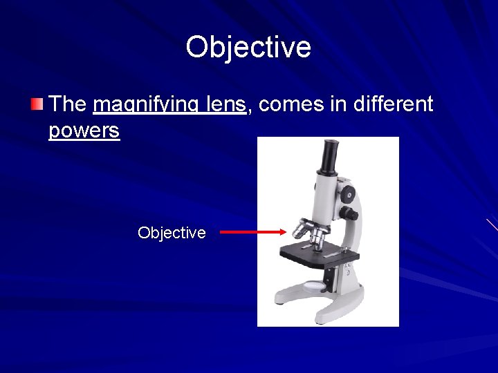 Objective The magnifying lens, comes in different powers Objective 