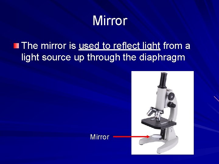 Mirror The mirror is used to reflect light from a light source up through