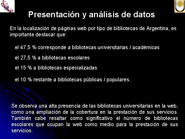 Presentación y análisis de datos En la localización de páginas web por tipo de