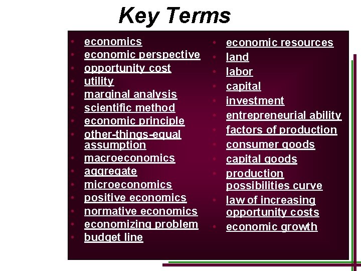 Key Terms • • • • 1 -27 economics economic perspective opportunity cost utility