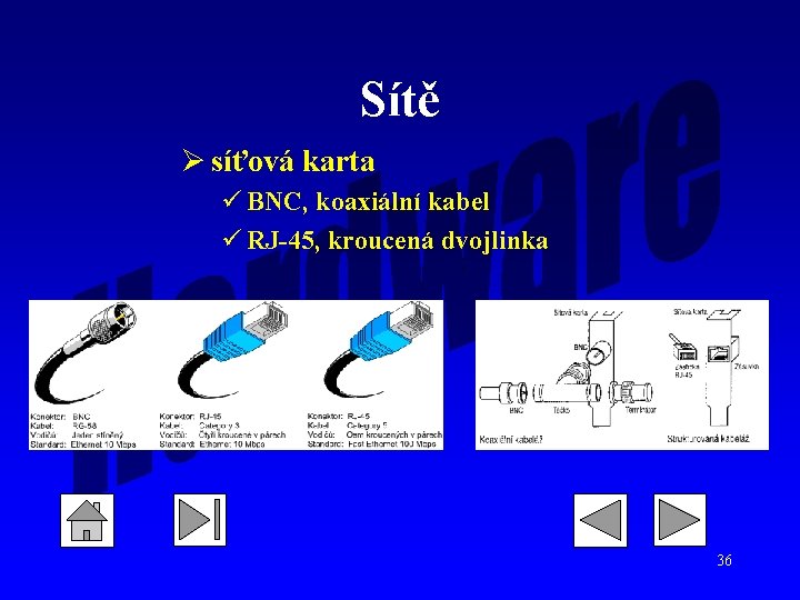 Sítě Ø síťová karta ü BNC, koaxiální kabel ü RJ-45, kroucená dvojlinka 36 