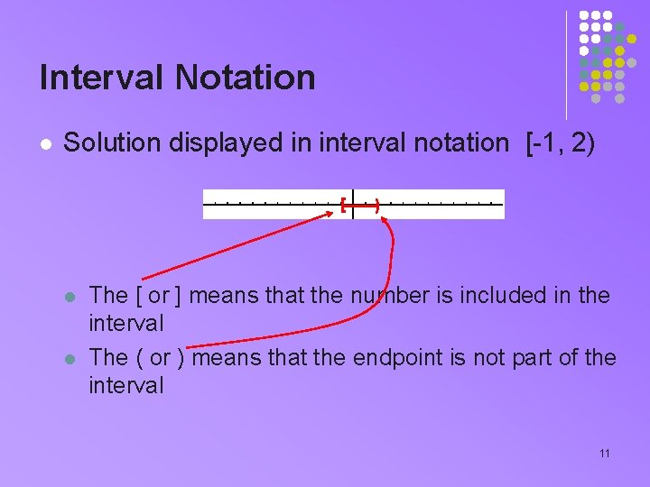 Interval Notation l Solution displayed in interval notation [-1, 2) [ l l ) Interval Notation l Solution displayed in interval notation [-1, 2) [ l l )