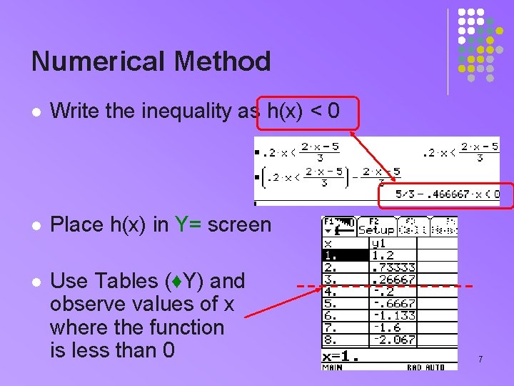Numerical Method l Write the inequality as h(x) < 0 l Place h(x) in Numerical Method l Write the inequality as h(x) < 0 l Place h(x) in
