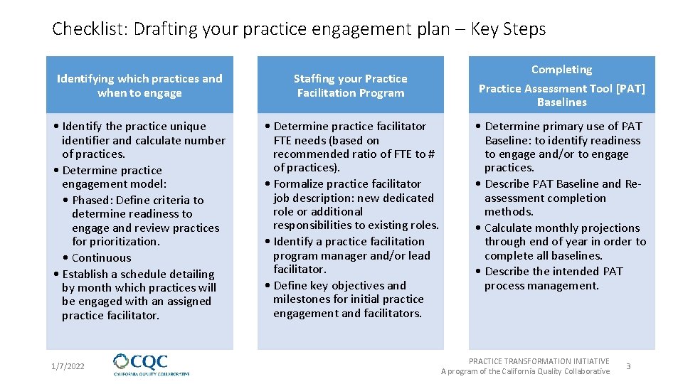 Checklist: Drafting your practice engagement plan – Key Steps Identifying which practices and when Checklist: Drafting your practice engagement plan – Key Steps Identifying which practices and when