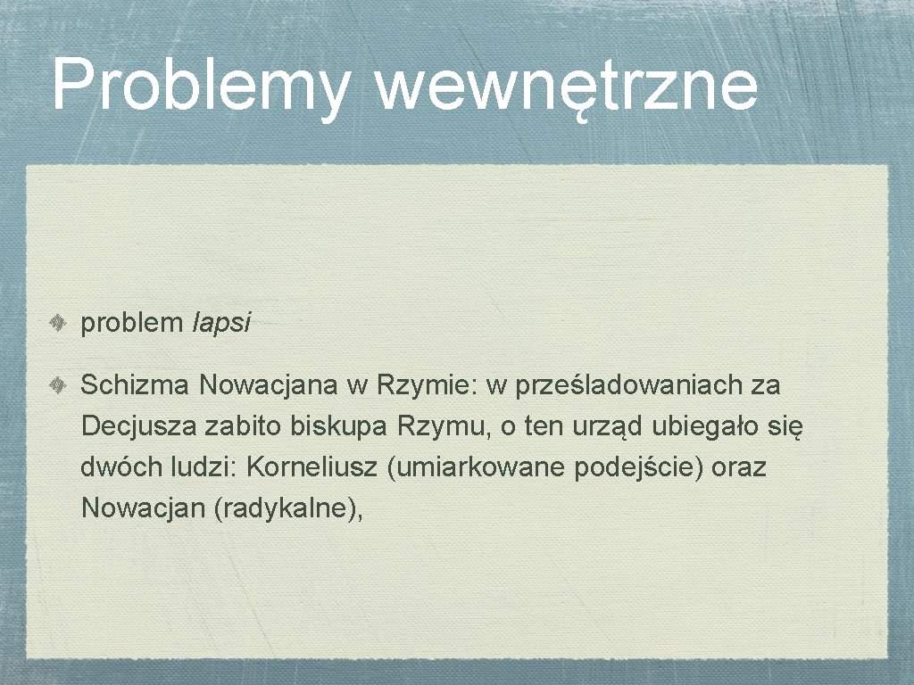 Problemy wewnętrzne problem lapsi Schizma Nowacjana w Rzymie: w prześladowaniach za Decjusza zabito biskupa