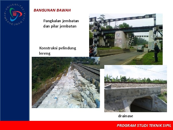 BANGUNAN BAWAH Pangkalan jembatan dan pilar jembatan Konstruksi pelindung lereng drainase PROGRAM STUDI TEKNIK