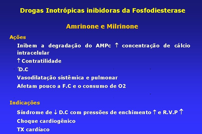 Drogas Inotrópicas inibidoras da Fosfodiesterase Amrinone e Milrinone Ações Inibem a degradação do AMPc