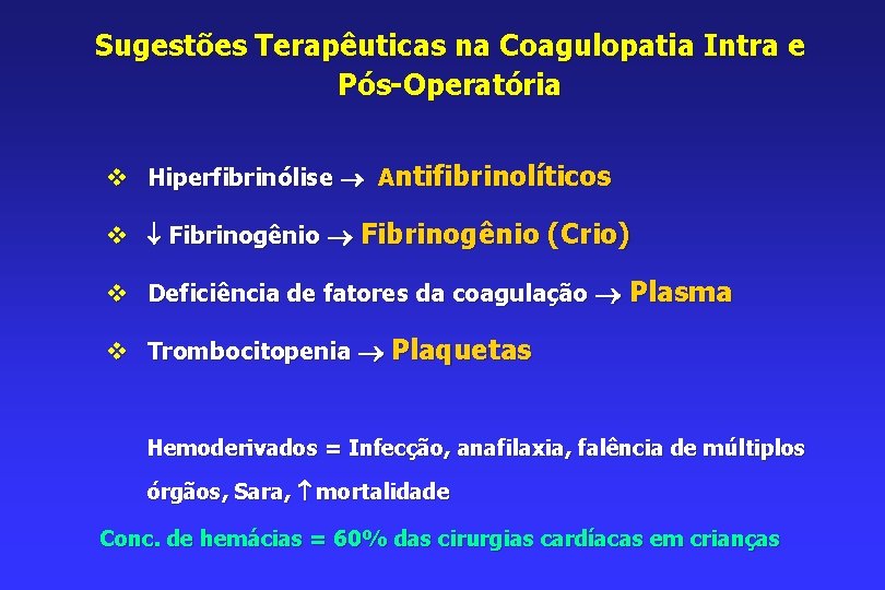 Sugestões Terapêuticas na Coagulopatia Intra e Pós-Operatória v Hiperfibrinólise Antifibrinolíticos v Fibrinogênio (Crio) v