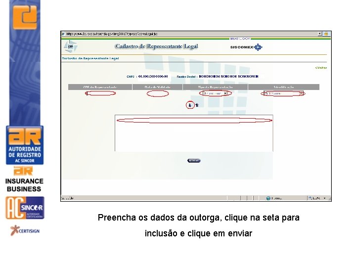 Preencha os dados da outorga, clique na seta para inclusão e clique em enviar