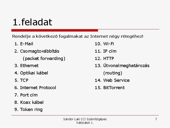 1. feladat Rendelje a következő fogalmakat az Internet négy rétegéhez! 1. E-Mail 10. Wi-Fi