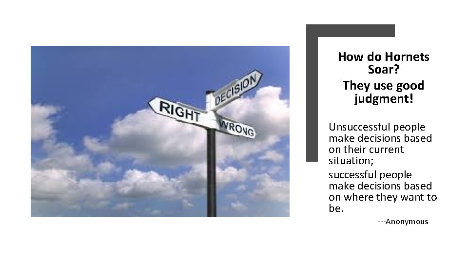 How do Hornets Soar? They use good judgment! Unsuccessful people make decisions based on